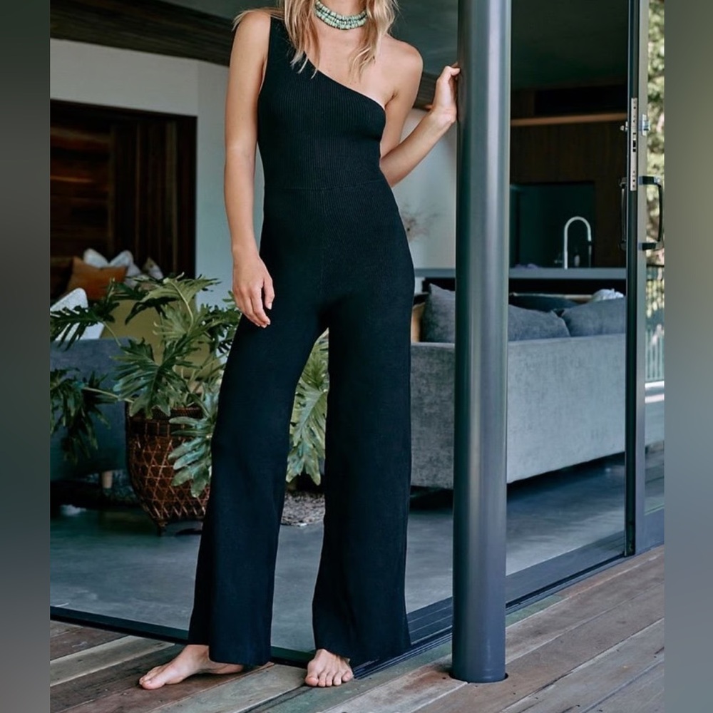 Free People Beach Waverly Sweater One Piece Black Wide Leg Jumpsuit